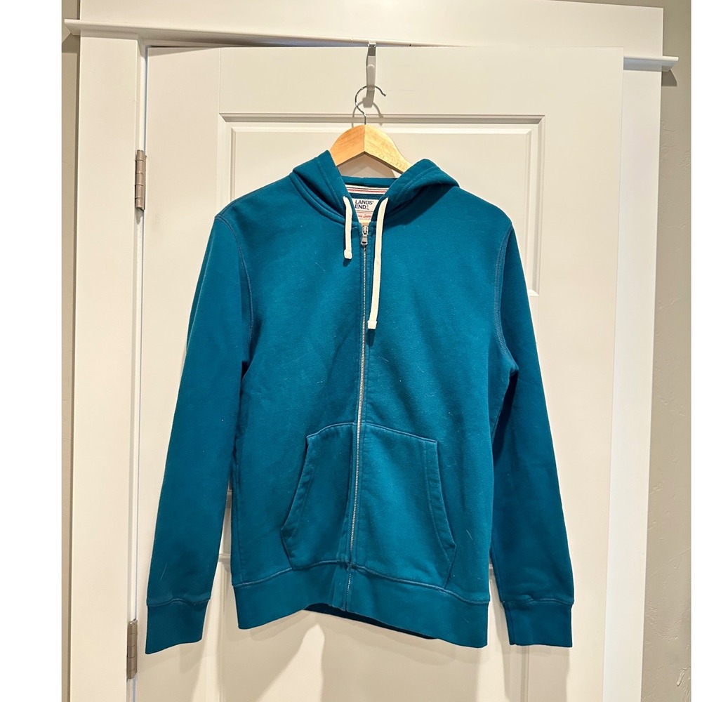 Lands End Mens Serious Sweats Full Zip Hoodie Baltic Teal Blue Small NWT